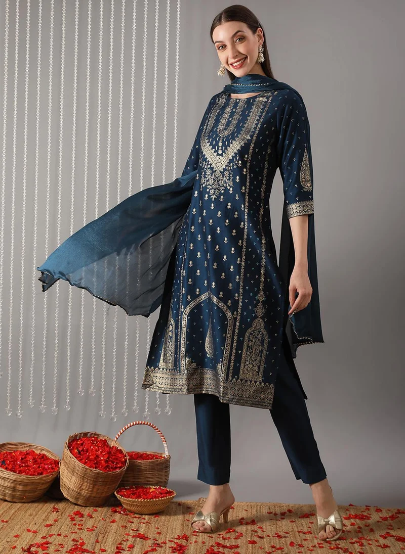 جلو باص Globus Women Navy Blue Gold Foil Floral Print Straight Kurta With Pants & Gotta Patti Dupatta Festive Set
